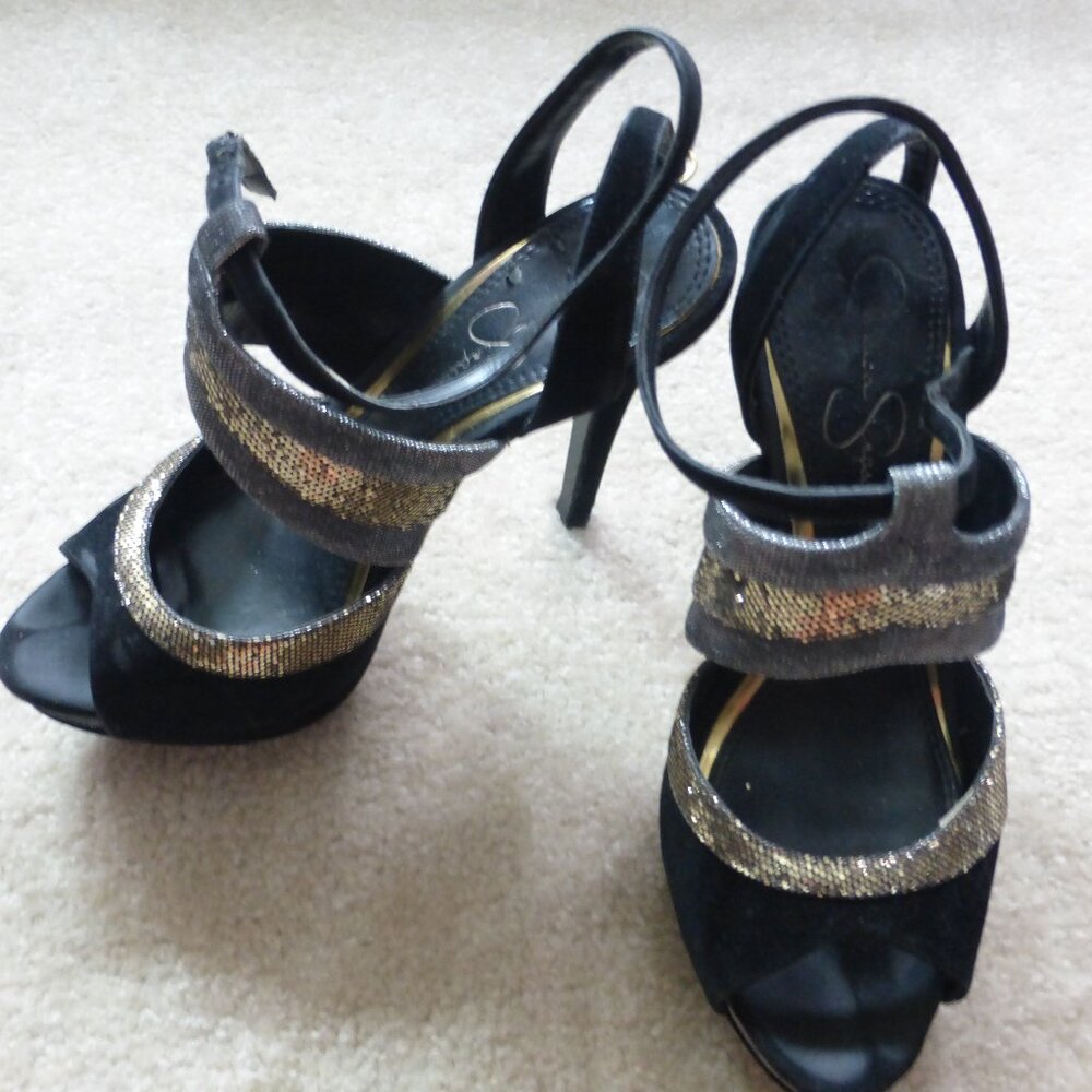 JESSICA SIMPSON black, gold and silver platform heels